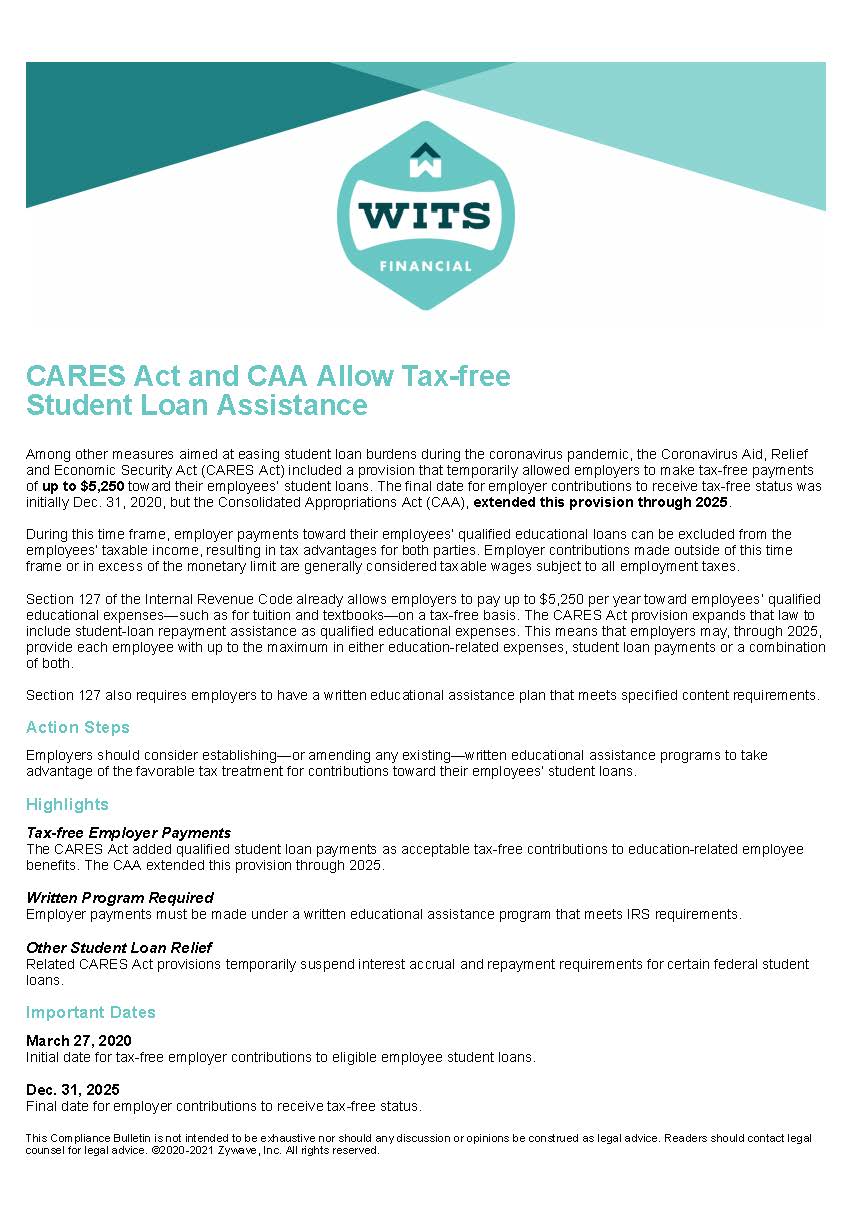 CARES Act and CAA Allow Tax-free Student Loan Assistance