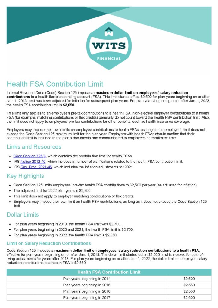 Health FSA Contribution Limit History Wits Financial