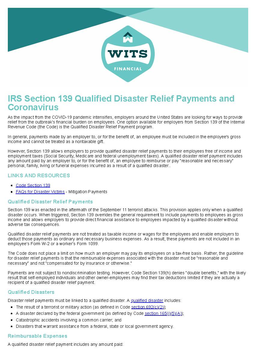 IRS Section 139 Qualified Disaster Relief Payments and Coronavirus_Page_1