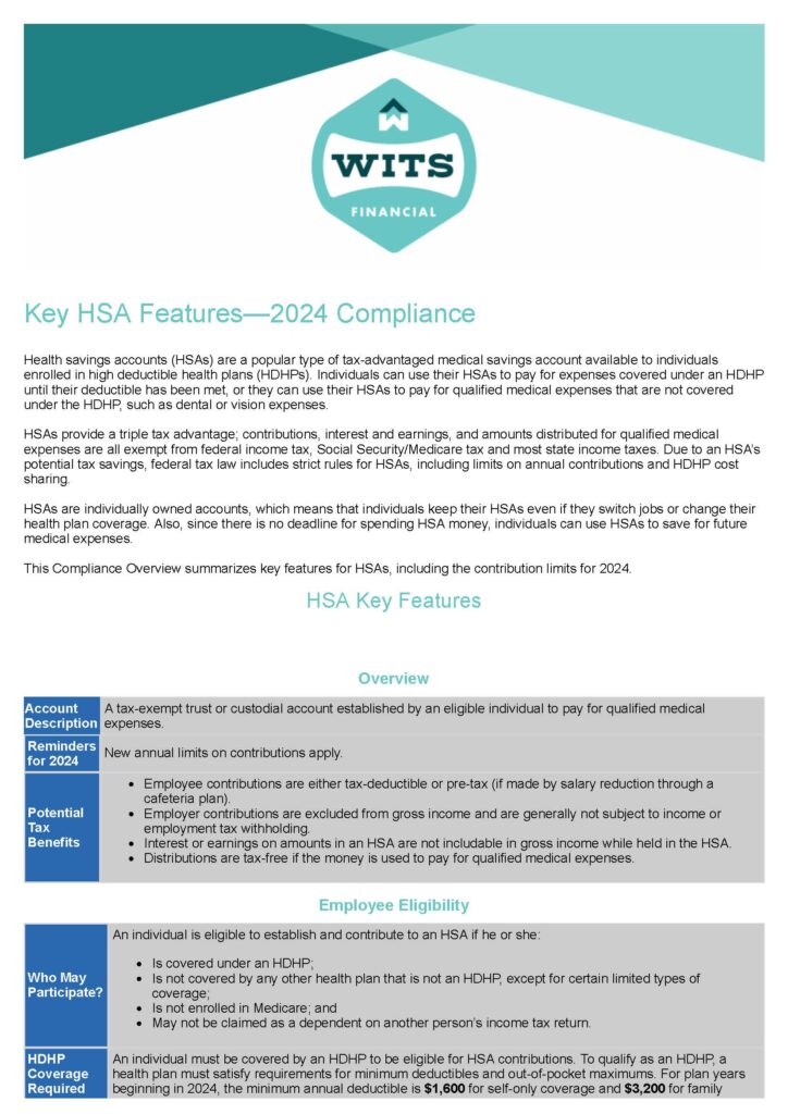 Key HSA Features—2024 Compliance Wits Financial