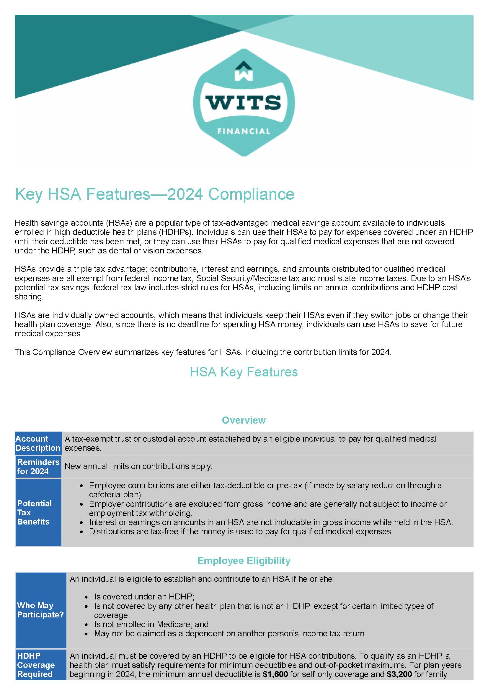 Key HSA Features—2024 Compliance Wits Financial